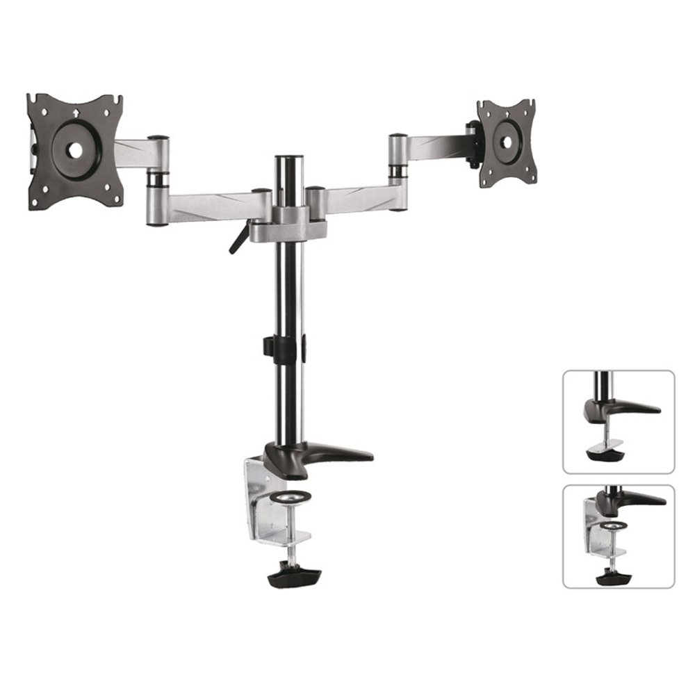 Maclean MC-714 Dual Arm Monitor Mount for 13-27” Inch Screens - Double Arm Desk Stand Bracket with Clamp - Tilt, 360° Rotation & Twin 360° Swivel Arms - VESA Dimensions: 75x75-100x100
