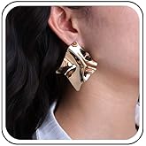 Sttiafay Irregular Square Earrings Statement Geometric Square Earrings Gold Texture Square Stud Earrings Metal Square Dangle Earrings Exaggerated Statement Earrings Jewelry for Women and Girls