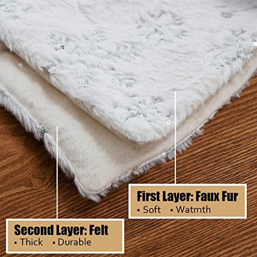 EDLDECCO 48 Inches Christmas Tree Skirt White Luxury Cozy Faux Fur Silver Snowflake Sequin Embroidered Double Layers Handicraft Xmas Decoration Holiday Ornaments
