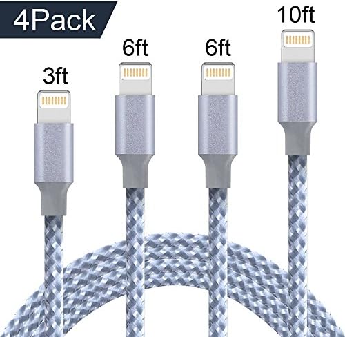 Koharu Lightning Cable,4Pack 3ft 6ft 6ft 10ft Nylon Braided iPhone Cable Cord Certified to USB Charging Charger for iPhone 7/7 Plus/6/6 Plus/6S/6S Plus,SE/5S/5,iPad,iPod Nano 7 (Gray&amp;White)