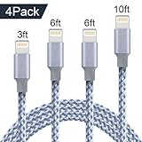 Akaho iPhone Cable,4Pack 3FT 6FT 6FT 10FT Nylon Braided iPhone Cord Lightning Cable Certified to USB Charging Charger for iPhone 7/7 Plus/6S/6S Plus,SE/5S/5,iPad,iPod Nano 7 (Gray White)