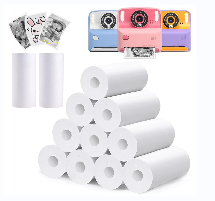 Amzelas Instant Print Paper Rolls for Kids Compatible Cameras - 12 Rolls Thermal Print Paper - Black&White