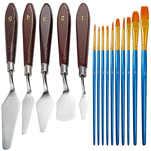 15 Pcs Set/5Pcs Palette Knives and 10 PCS Professional Watercolor Paint Brush Oil Painting Scraper Nylon Brushes for Artists Beginners