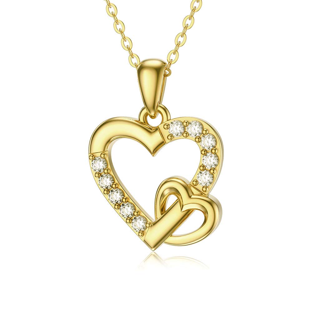 SISGEM 9 ct Gold Heart Necklace, Solid Gold Double Heart Pendant Necklace, for Women Ladies Mum Christmas Mother's Day Valentine's Day, 16+1+1inch