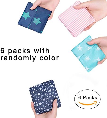 Reusable bags 6 pack Different Color Randomly Polyester Grocery Bags Foldable into Attached Pouch, Lightweight Durable Waterproof and Washable