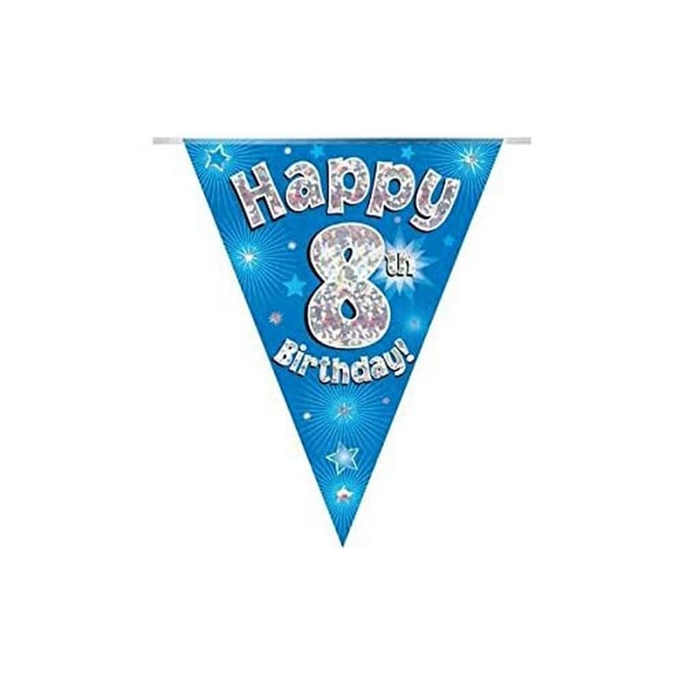 Party Bunting Happy 8th Birthday Blue Holographic 11 flags 3.9m