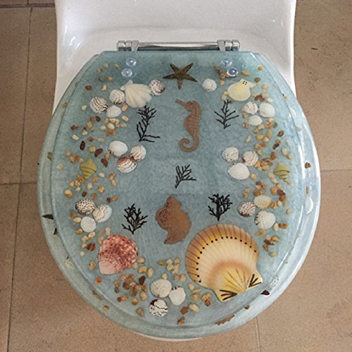 Heavy Duty Comfort Seahorse Seashells Round Toilet Seats with Cover Acrylic Seats. (Aqua"17 INCH)