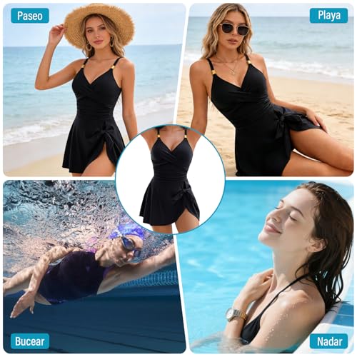 GALASALA Trajes de Baño Mujer, Trajes de Baño Mujer Natacion Sexy y Ajustado, Traje de Baño Completo Mujer con Falda Elegante, Traje de Baño Mujer con Control Abdominal Ideal para Playa Piscina Surf