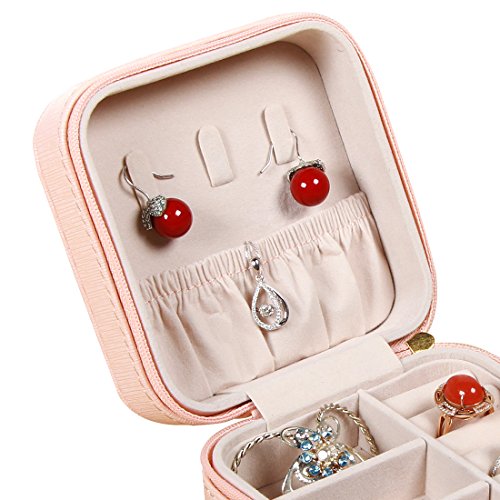 PUSU PU Leather Small Jewelry Box Organizer Portable Travel Display Storage Case for Rings Earrings Necklace (Pink) - Thumbnail 5