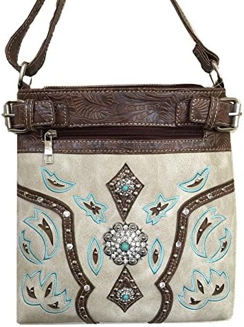 2015 Western Trimmed Leather Rhinestone Concho Stud Messenger Handbag w/ Adjustable Strap in Beige