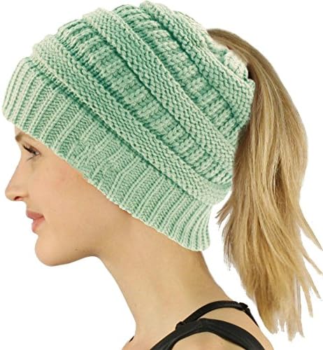 COCO LEE Chic Turquoise Knit Hat Cable Beanie Stretch Chunky Winter Bun Ponytail Beanie Tail Womens Ponytail Messy Bun Beanie Solid Ribbed Hat Cap For Women Girls