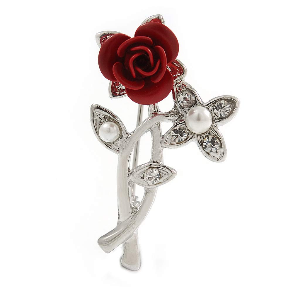 Avalaya Classic Red Rose with Simulated Glass Pearls Brooch in Rhodium Plating - 35mm Across