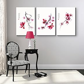 3 Panel Red Flowers Chinese Writing Watercolor Art...