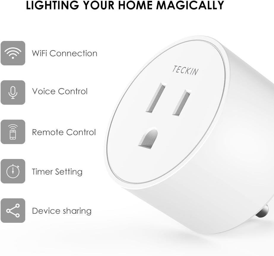 Smart Plug Compatible with Alexa Google Assistant for Voice Control, Teckin Mini Smart Outlet Wifi Socket with Timer Function, No Hub Required, White FCC ETL Certified - - 