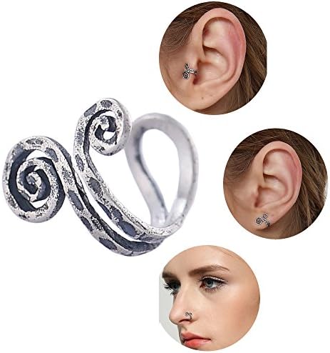 S925 Sterling Silver Retro Ear Cuff Non-Pierced Clip On Earrings Fake Ear Nose Cartilage Earrings Ring Adjustable