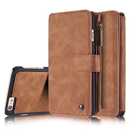 iPhone 6s Wallet Case iPhone 6 Flip Case 4.7 Inches, Separable Leather Phone Bag with 14 Card Slots Built-in Stand Metal Zippered Bag Elegant Retro Photo Buckle Purse for iPhone 6 iPhone 6s (Brown)