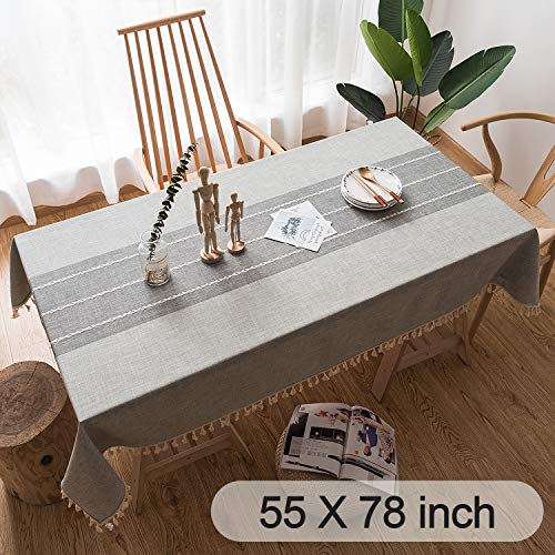 Washable Stitching Tassel Embroidery Tablecloth, Anti-Fading Non-Slip Cotton Linen Rectangle Table Cover Great for Kitchen Dinning Tabletop Buffet Decoration（55x78 Inch, Grey）