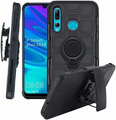 TaiY 3 in 1 Protective Hybrid Cover Shockproof Rugged Phone Case 360 Full Body Kickstand Swivel Belt Clip Holster for Huawei P Smart Plus 2019 - Black