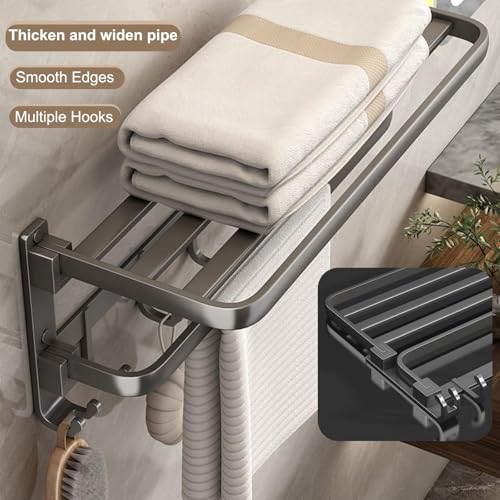 60 cm Wall Mounted Towel Rack for Bathroom, 24 Inch Foldable Matte Towel Shelf with Bar and Movable 9 Hooks, Space Aluminum Rustproof Towel Organizer for Bathroom, Shower, and Hotel Use