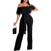 Women's Sexy Off Shoulder Solid Jumpsuits Casual Wide Leg Long Pants One Piece Jumpsuits with Belt