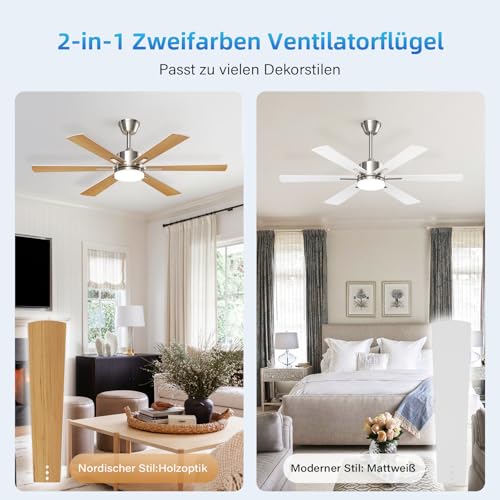 EppieBasic Ventilateur Plafond avec Lumiere Salon: 132 cm Ventilateur Plafond Moteur DC Silencieux avec Télécommande/Appli – 6 Vitesses, Design Moderne, 6 Pales Aspect Bois pour Chambre