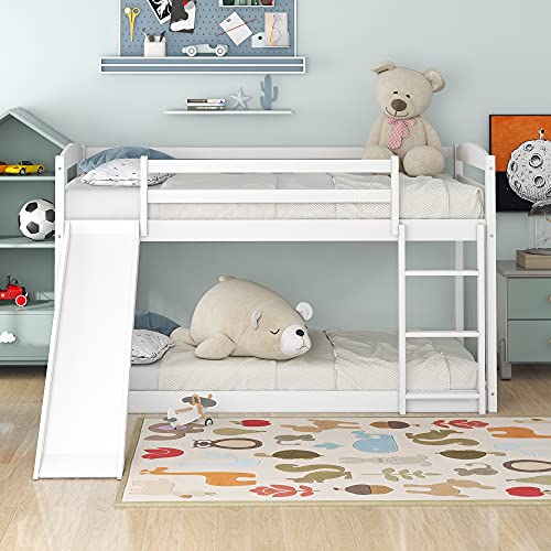 Twin Over Twin Floor Bunk Bed with Safety Guardrail, Low Bunk Bed with ...