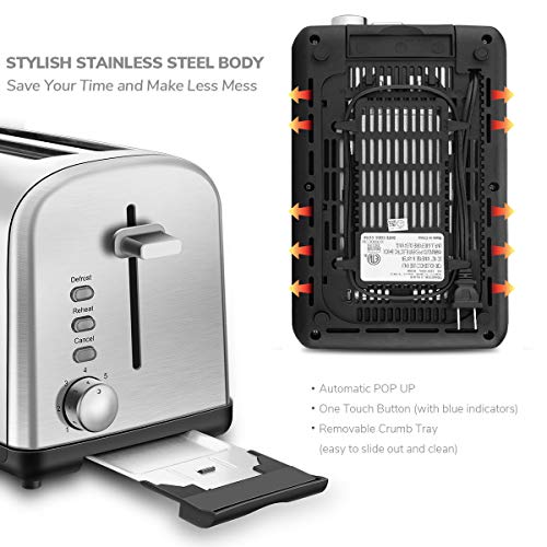 Home Gizmo Cool Touch with Extra-Wide Slots 7 Browning Dials and Removable Crumb Tray, Brushed Stainless Steel, Silver