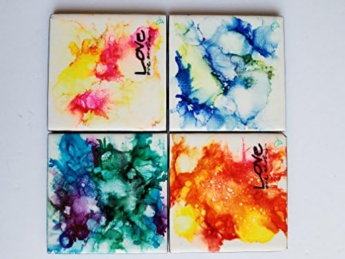Unique modern abstract hand painted with alcohol ink decorative square ceramic tile coaster set of 4.