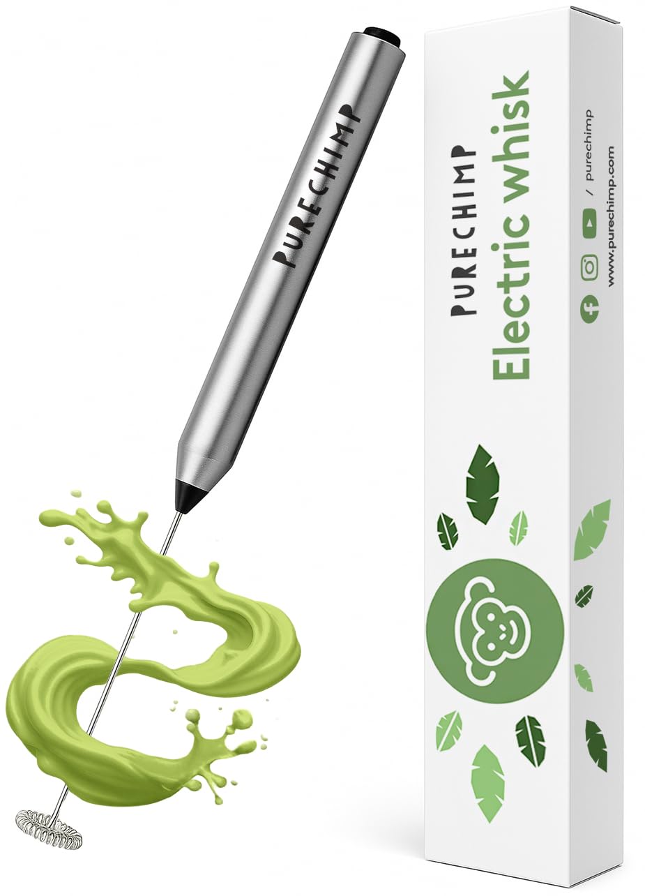 PureChimp Electric Whisk. Handheld Milk Frother. Stainless Steel Electric Matcha Whisk, Lightweight. Ideal for Frothing Milk, Matcha, Protein Shakes, Coffee & More. Battery-Powered Drink Mixer