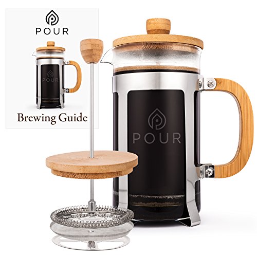 French Press Coffee Maker by Pour, Thick Borosilicate Glass, Bamboo Lid, and Stainless Steel Filter, Eco-Friendly Coffee Brewing â€“ Dishwasher Safe - For Grounds and Loose Tea 36oz./1000M