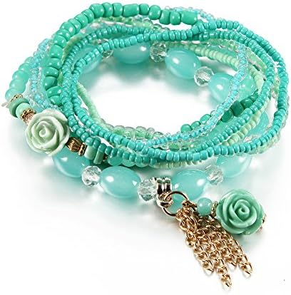 Bohemian Flower Crystal Beaded Bangle Bracelet Multilayer Link Wrist Stretch Bracelet Set