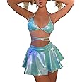 Women's Shiny Rave Outfits Holographic Halter Bra Top Mini Skirt 2Pcs Glitter Sequin Music Festival Party Clubwear