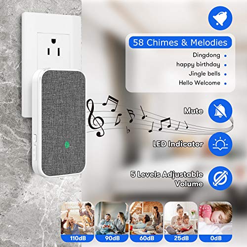 2021 Wireless Doorbell, Remote Door Bell Ringer Chimes Kit Operating Range at 1000 FT, ESMAVO Portable Doorbell with 1 Plug-in Receiver and 1 Waterproof Push Button, 58 Melodies & LED Flash
