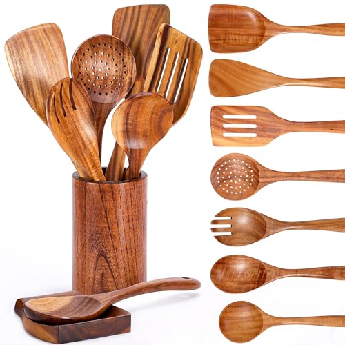 CENXI Cooking Wooden Spoons, 9 Piece Natural Teak Wooden Kitchen Utensil Set with Spoon Rest, Comfort Grip Cooking Spoons and Utensils Holder