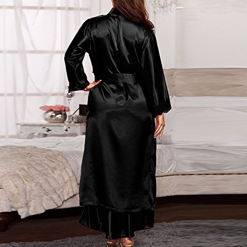 YAnGSale Women Dresses Long Silk Kimono Sexy Dressing Gown Babydoll Lace Lingerie Bath Robe Shapewear Night Clubwear (Black) - Thumbnail 4