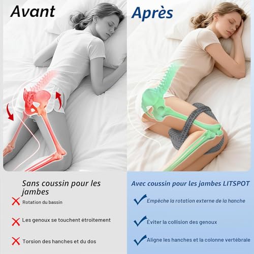 LITSPOT Cooling Leg Pillow Knee Pillow for Side Sleepers with Memory Foam for Back Hip and Joint Pressure Relief, Grey