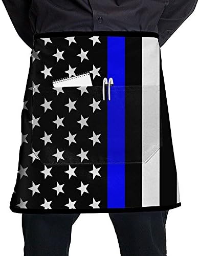 Unisex Blue Thin Line Us Flag Half Waist Apron With Pocket Kitchen Cooking Restaurant Half Bistro Aprons For Chef, Baker, Servers, Waitress, Waiter
