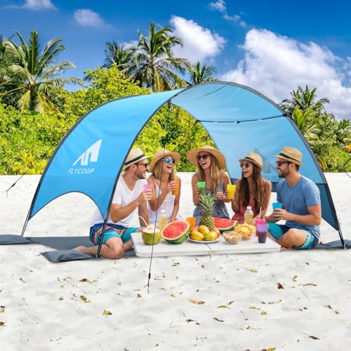 Beach Shelter with UV Protection UPF 50+ - Portable Beach Canopy & Sun Protection for Beach, 360° Ventilation, 4 Sandbags, Double Pockets, Pegs & Ropes (270 x 165 x 158 cm)
