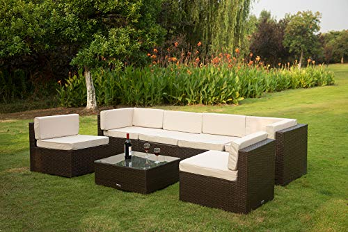 VANERUM 7 Piece Outdoor Patio PE Rattan Wicker Conversation Sofa Sectional Furniture Set | Use f ...