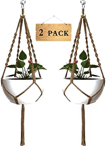 HANPO 4 Legs Macrame Natural Jute Plant Holders with Wood Bead Decoration and Metal Ring (2, 41")