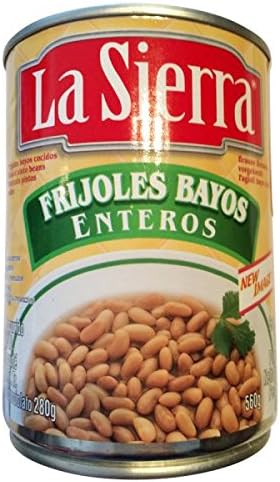 Frijoles Bayos Enteros LA SIERRA -- Whole Brown Bayo beans in a marinade of onions, spices, plant. Oil, chilis, etc., box 560 g - drained weight 310 g.