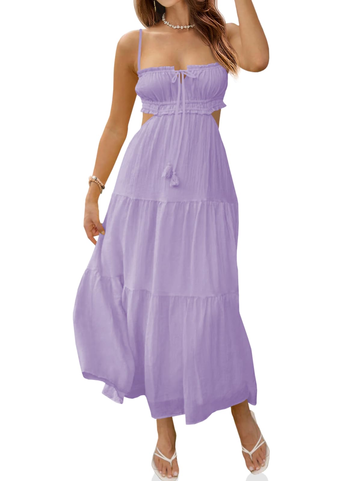 Photo 1 of Fisoew Women's Spaghetti Strap Maxi Dress Summer Sleeveless Side Cut Out Dress Casual Boho Backless Flowy Long Dresses Light Purple