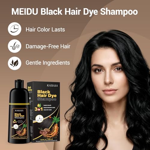 IIIMEIDU Hair Dye Shampoo for Gray Hair Coverage, 3 in 1 Natural Black Dye for Women Men, 500ml