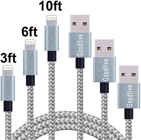 Goodfive Lightning Cord 3Pack 3FT 6FT 10FT Nylon Braided 8 Pin Lightning Cable Cord USB Charging Cable charger for Apple iPhone 7/7 Plus/6/6s/6 Plus/6s Plus/5/5c/5s/SE,iPad and more(Silver Gray)