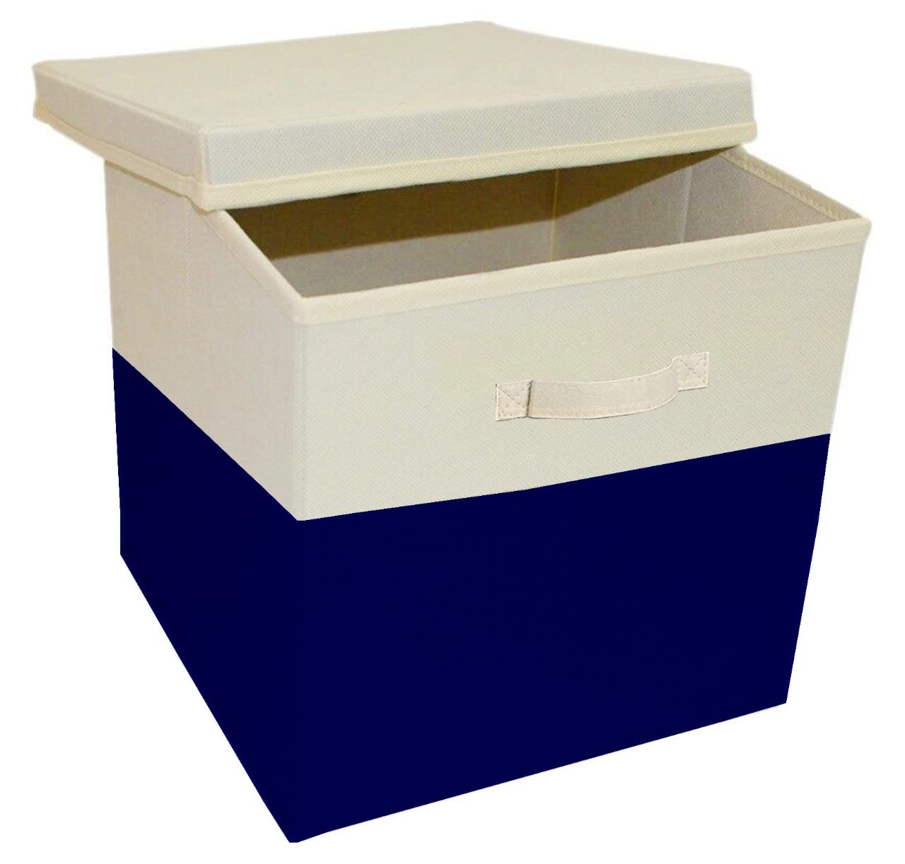 A406 3x Foldable Storage Boxes with Lid Storage Basket with Lid Fabric Cubes with Handles Collapsible Fabric Organiser Clothes Storage Box (Large -30x30x30cm, Beige/Navy) — image 1