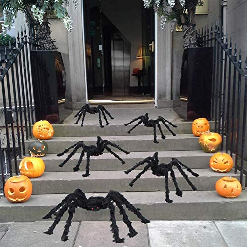 Pengxian Halloween Props Spiders, Furry Black Giant Spiders for Halloween Yard Door & Outdoor Decor With Spider Webs