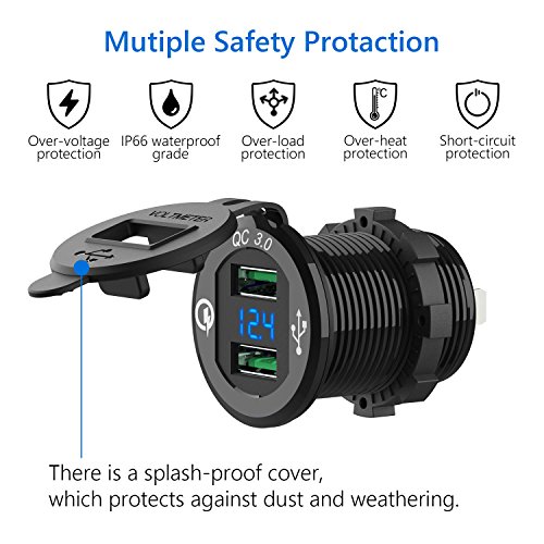 HiGoing 12V/24V Marine USB Outlet, Waterproof QC3.0 Dual USB Charger Socket with Voltage LED Digital Display for Car Boat Motorcycle Mobile (Upgraded with QC3.0) - Thumbnail 2
