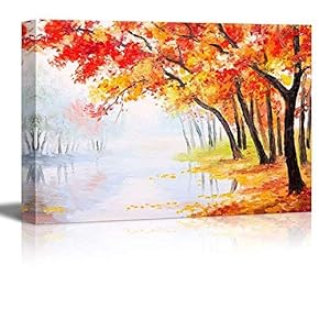 Canvas Prints Wall Art - Oil Painting Landscape - Autumn Forest Near The Lake, Orange Leaves | Modern Wall Decor/Home Decoration Stretched Gallery Canvas Wrap Print. Ready to Hang -12x18