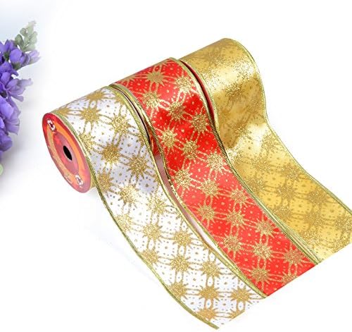 eZthings® Designer Set of Sparkle Stars On Solid Color Ribbons for Gift Wrapping and Holiday Decor (30 Yards (2.5" Width), White - Red - Gold)