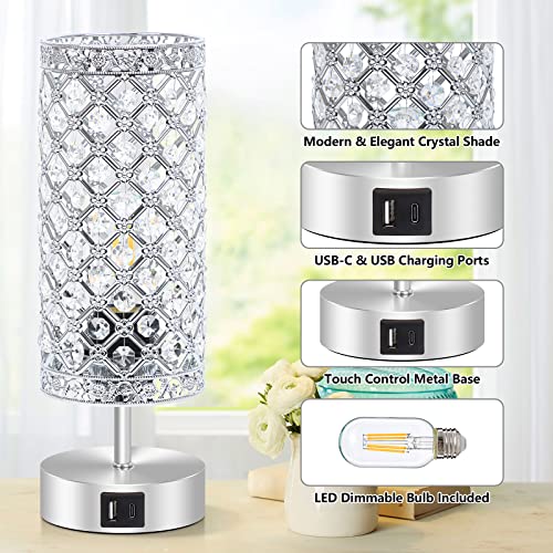 Ganiude Touch Control Crystal Table Lamps Set of 2, Nightstand Sliver